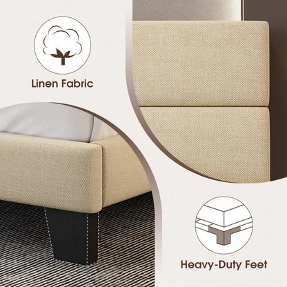 King Bed Frame Platform Bed,Linen Fabric Upholstered Headboard and Wooden Slats Support,Heavy Duty Mattress Foundation,Beige