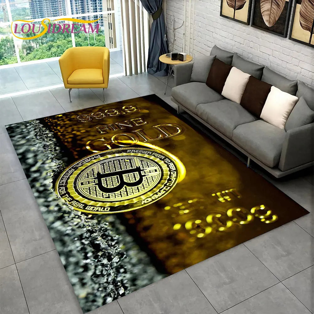 3D Bitcoin Virtual Currency Area Rug Large, Carpet Rug for Living Room Bedroom Sofa Playroom Doormat Decor, Kid Non-slip Floor Mat