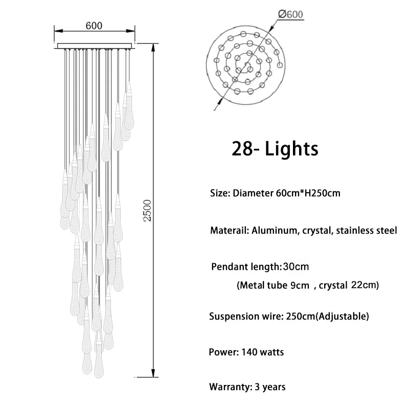 Modern crystal light chandelier for staircase large gold drop design led cristal lamp long villa lobby hanging lighting fixture