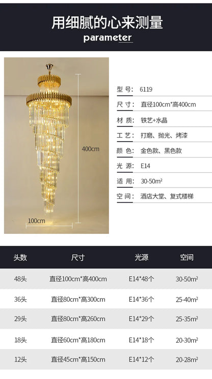 Post modern chandeliers, gold light luxury staircase lights, villa lights, black crystal lights, corner staircase 3-meter long l