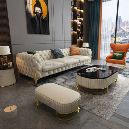 Home Furniture Chesterfield Design Royal Luxury Gold Foot Living Room Genuine Leather Velvet Sofa Set
