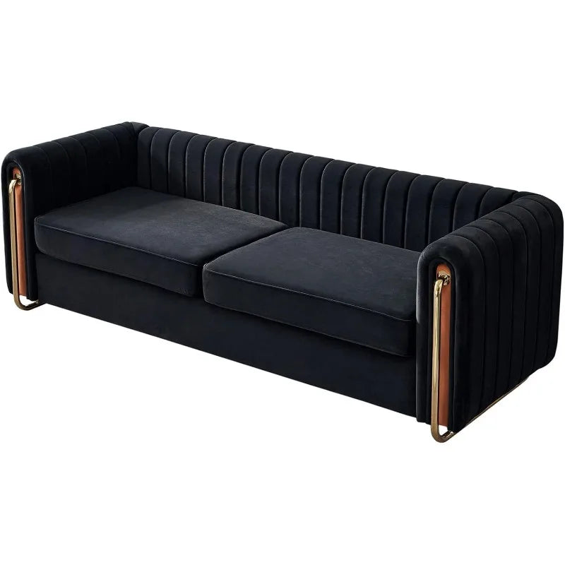 Modern Velvet Sofa for Living Room, 84 Inches Long Tufted Couch Upholstered Sofa with 2 Pillows High Arm and Metal Legs Decor