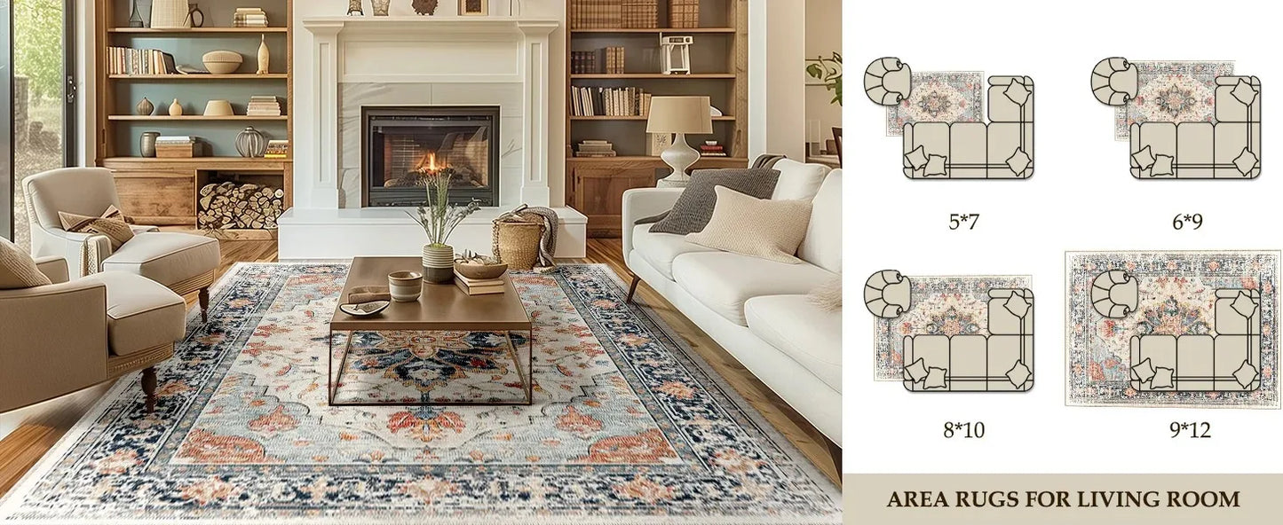 VIKAMA Boho Luxury Floral Loop-Pile Carpet - Chic Bohemian Area Rug for Living Room & Bedroom, Durable Non-Slip Mat Home Decor