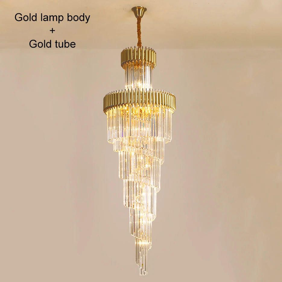 Large Top Long Crystal Led Chandeliers Hotel Hall Living Room Luxury Multi-layer Staircase Lighting Black Stainless Steel Light