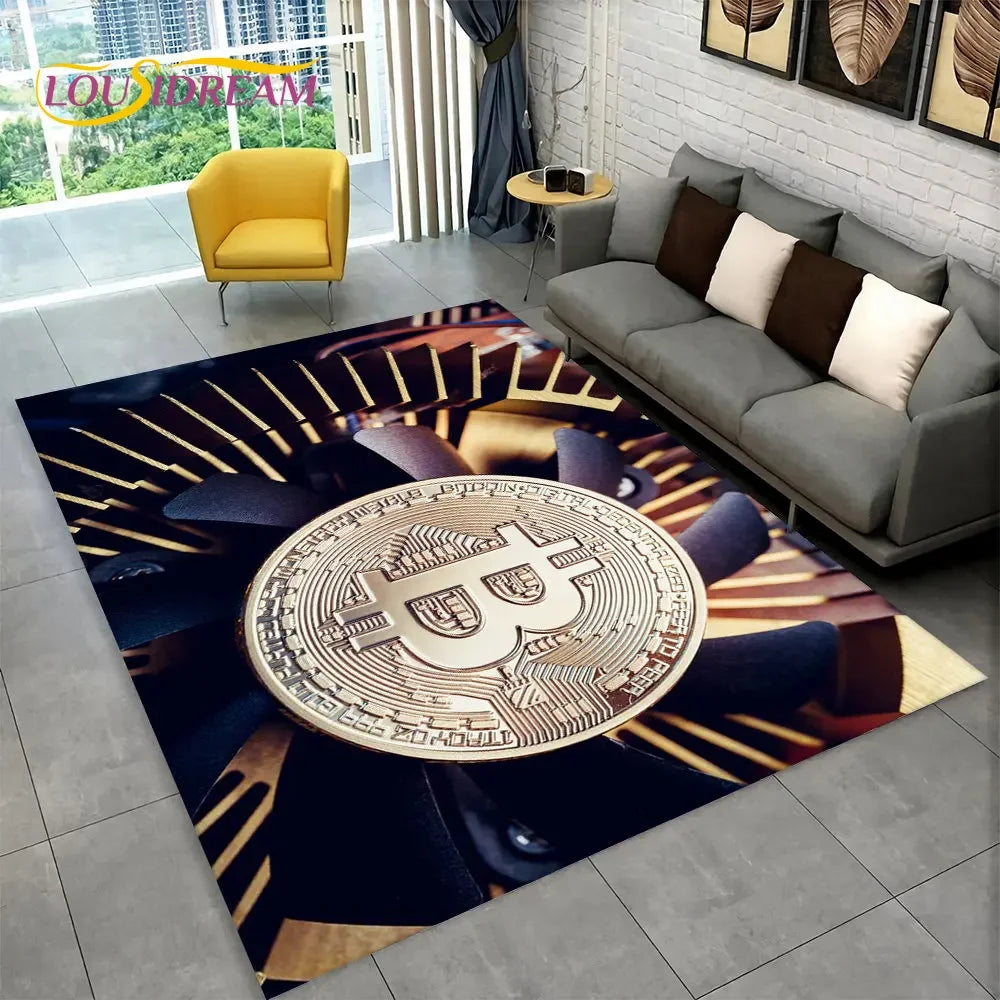 3D Bitcoin Virtual Currency Area Rug Large, Carpet Rug for Living Room Bedroom Sofa Playroom Doormat Decor, Kid Non-slip Floor Mat