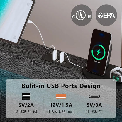 King Bed Frame with Headboard and LED Lights, Upholstered Platform Bed with USB Charging Station, Metal Support and Footboard.