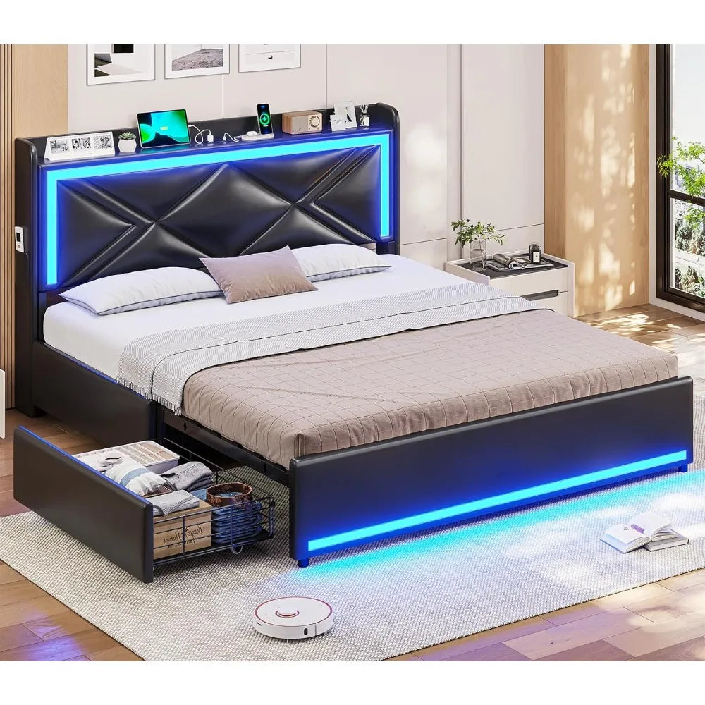 Bed Frame with Storage Headboard & 4 Drawers, Upholstered LED Bed Frame with Charging Station, Pu Leather Platform