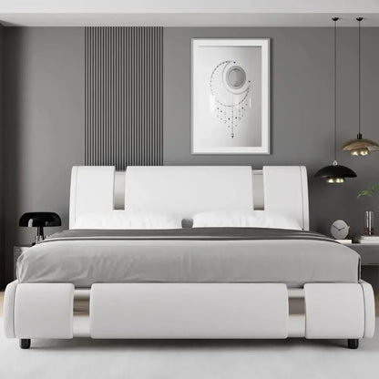 Modern Faux Leather Upholstered Platform Bed Frame with Golden Iron Metal Decor, Adjustable Curved Headboard, Queen Size, White