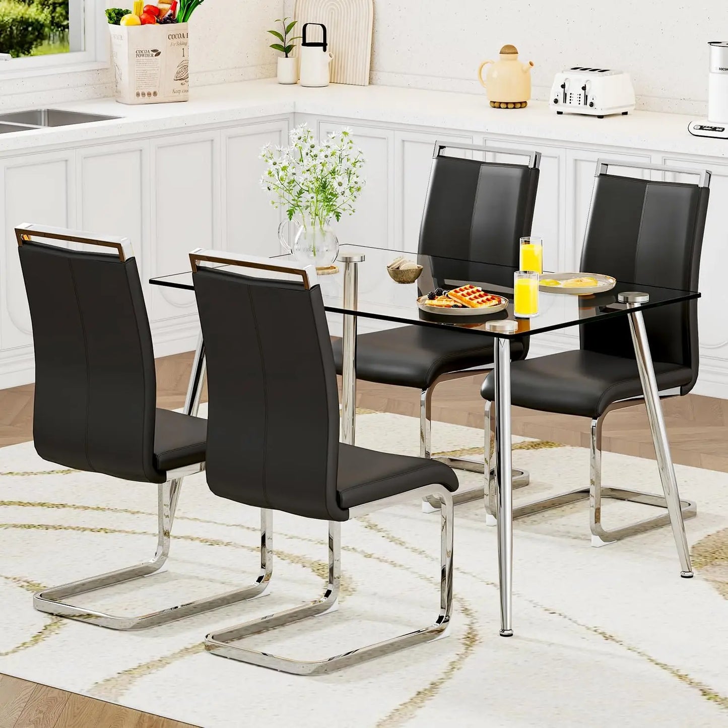 Glass Dining Table Set for 4,5 Piece Dining Table and Chairs Set，Modern Kitchen Dining Room Table with 4 Black PU Leather