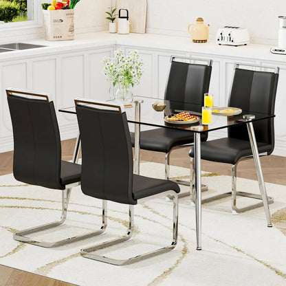 Glass Dining Table Set for 4,5 Piece Dining Table and Chairs Set，Modern Kitchen Dining Room Table with 4 Black PU Leather