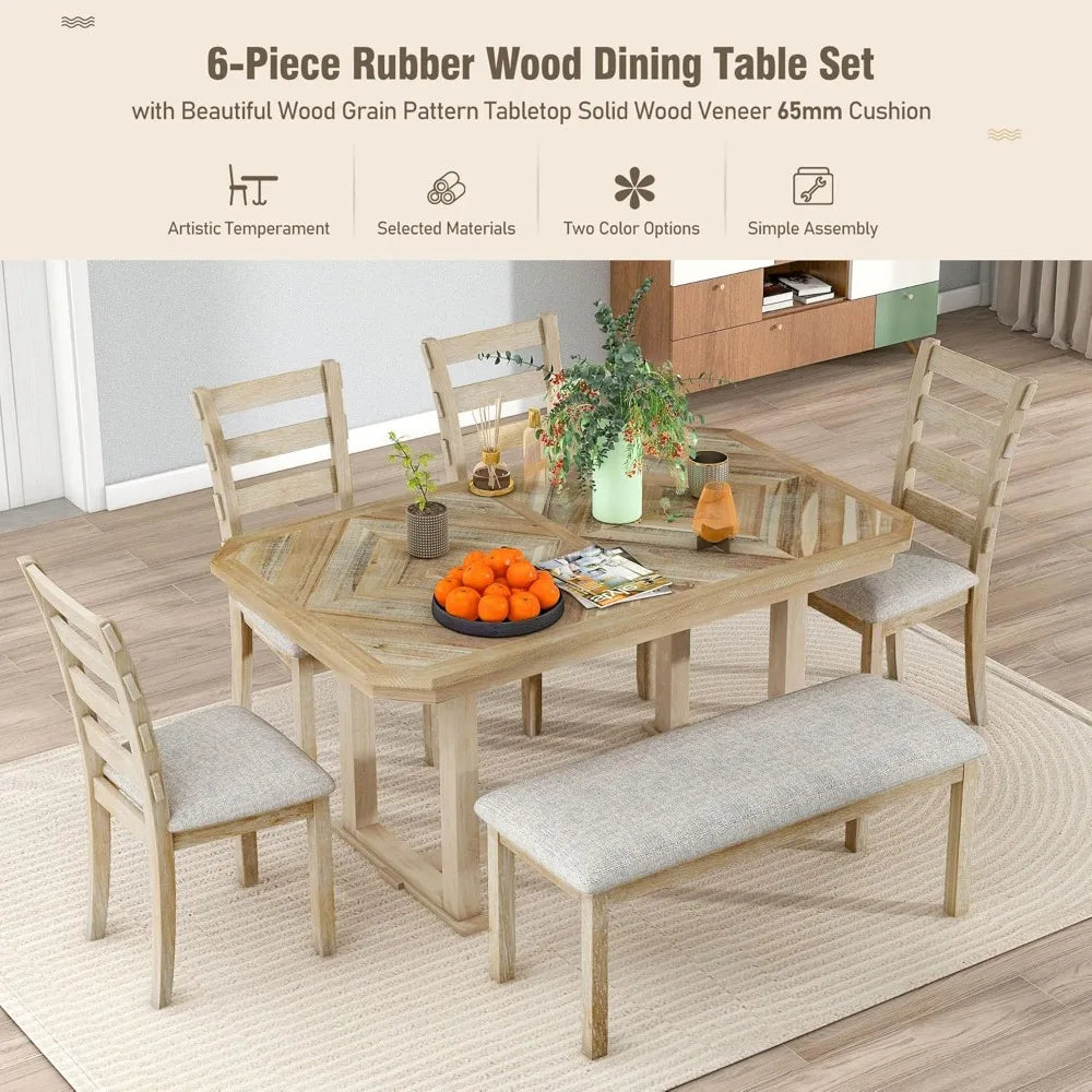 6 Pieces Dining Table Set with Bench, Rectangle Dining Table with 4 Upholstered Chairs & A Bench, Rubber Wood Dining Table Set