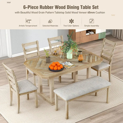 6 Pieces Dining Table Set with Bench, Rectangle Dining Table with 4 Upholstered Chairs & A Bench, Rubber Wood Dining Table Set