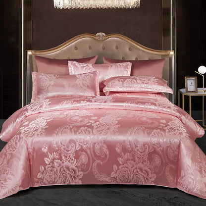 Floral Jacquard Satin Duvet Cover Set Queen 3 Piece Luxury Silk Like Bedding Comforter Covers with Zipper Closure & Corner Ties