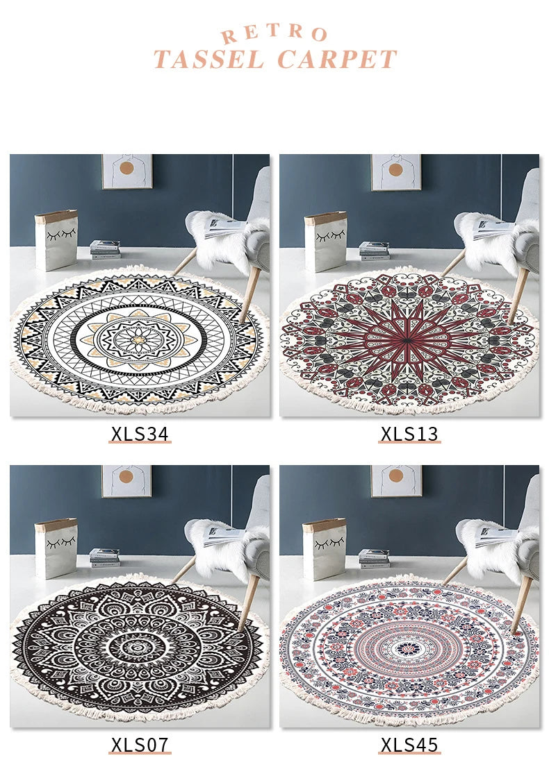 Hand Woven Cotton Linen Carpet Retro Bohemian Round Bedside Geometric Floor Mat Living Room Home Decor Boho Mandala Tassel Rug
