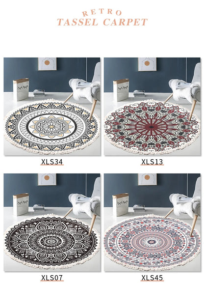 Hand Woven Cotton Linen Carpet Retro Bohemian Round Bedside Geometric Floor Mat Living Room Home Decor Boho Mandala Tassel Rug