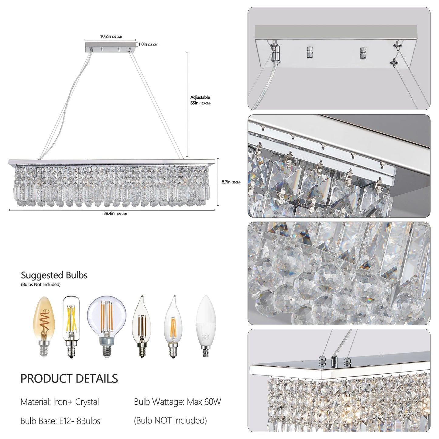 Modern Crystal Chandelier for Dining Room 8-Light  Rectangle Raindrop Chandelier Contemporary Rectangular Fixture Pendant Light
