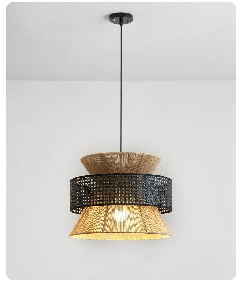 Vintage Wabi Sabi Chandelier Handmade Hemp Rope Pendant Light for Restaurant Bar Cafe Dining Room Led Rattan Lamp