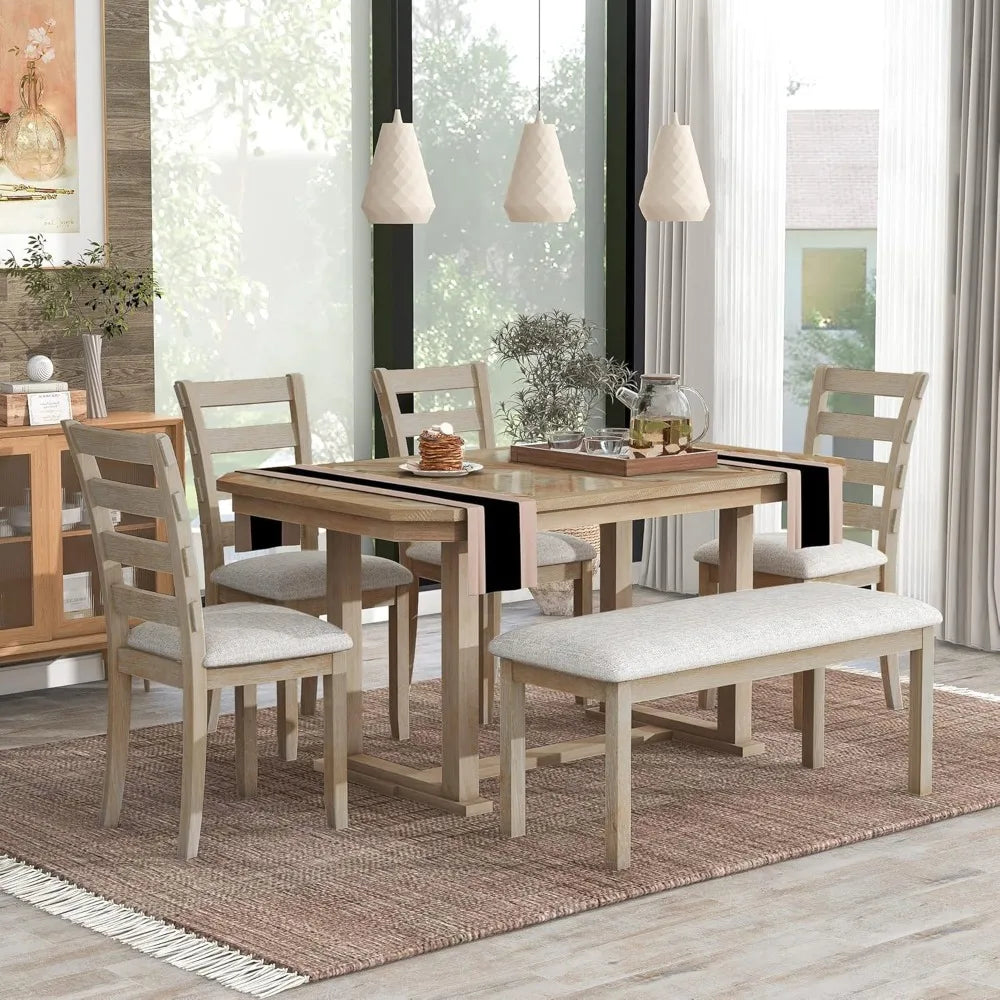 6 Pieces Dining Table Set with Bench, Rectangle Dining Table with 4 Upholstered Chairs & A Bench, Rubber Wood Dining Table Set