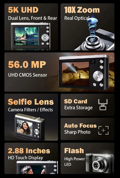 5K Digital Cameras Professional Camcorder 10X Optical Zoom 56MP Front and Rear Camera Ultra Bright Flash Camera Household Camera