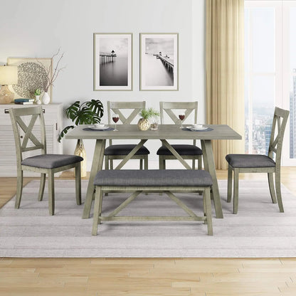 6 Pieces Dining Table Set with Bench, Rectangle Dining Table with 4 Upholstered Chairs & A Bench, Rubber Wood Dining Table Set