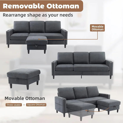 Convertible Sectional Couches for Living Room, L-Shaped Couch 3 Seats Sofas with Storage Chaise & 2 Cup Holders, Small Sofa