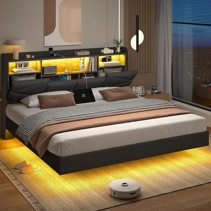 Bed Frame, with Storage Headboard and Power Outlet, Floating Platform Bed with LED Lights, Wood Slats Support, Bedroom Bed