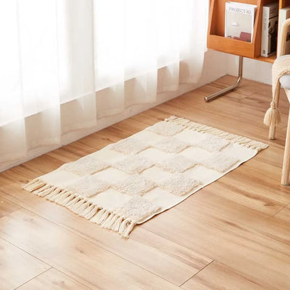 Vintage Nordic Style Cotton Linen Handmade Tassel Area Rug Checkerboard Tufted Floor Bedside Mat Living Room Bedroom Tapestry