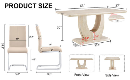 Modern wooden dining table set for 6 people with imitation marble top & 6 PU leather upholstered chairs，Wood grain beige