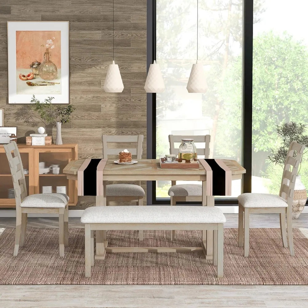 6 Pieces Dining Table Set with Bench, Rectangle Dining Table with 4 Upholstered Chairs & A Bench, Rubber Wood Dining Table Set