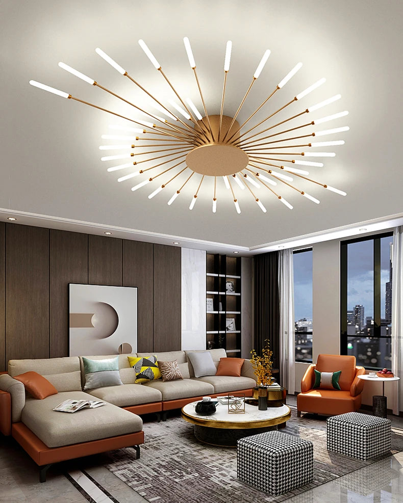 Led Firework Chandelier Dimmable For Living Room Bedroom Milk Yellow Ceiling Chandelier Dining Room LED Ceiling Lamp With Remote