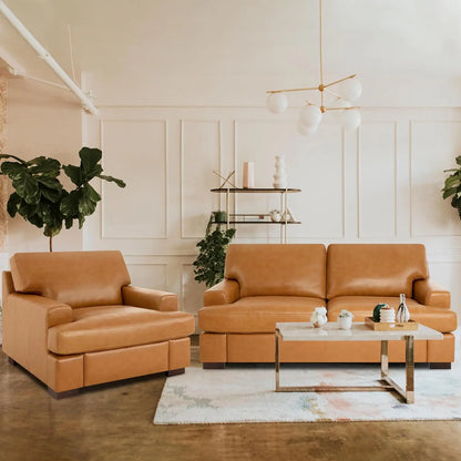 Genuine Leather Sofa - Luxurious Comfort, Goose Feather Cushion Filling, Square Arm Design, Sturdy Block Legs, Living Room Sofas