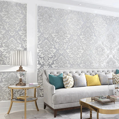 European 3D Relief Embossed Damask Wallpaper Bedroom Living room Background Floral Pattern 3D Textured Wall Paper Home Decor