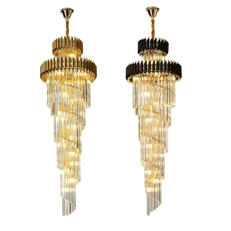 Post modern chandeliers, gold light luxury staircase lights, villa lights, black crystal lights, corner staircase 3-meter long l