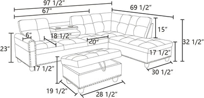 Shaped Sectional Couch with 70" Chaise Lounge, 98" Faux Leather Upholstered Modular Sofas with Right Armrest, Button Tufted