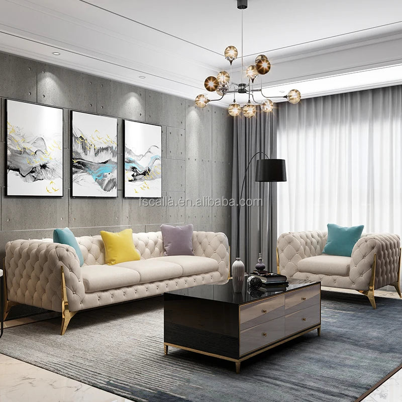 Home Furniture Chesterfield Design Royal Luxury Gold Foot Living Room Genuine Leather Velvet Sofa Set