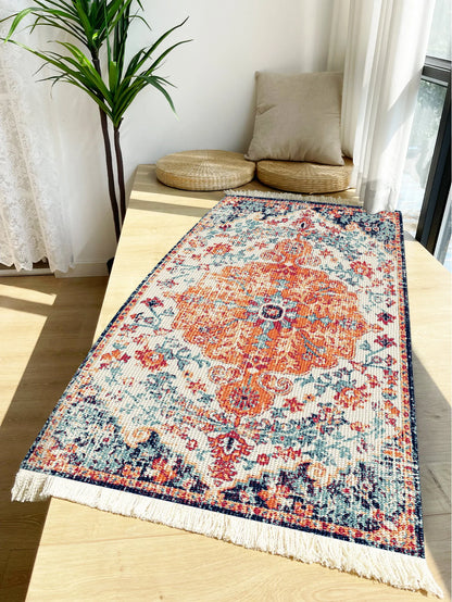 Handwoven cotton linen carpet retro Bohemian style square bedside geometric floor mat living room home decoration Bohemian manda