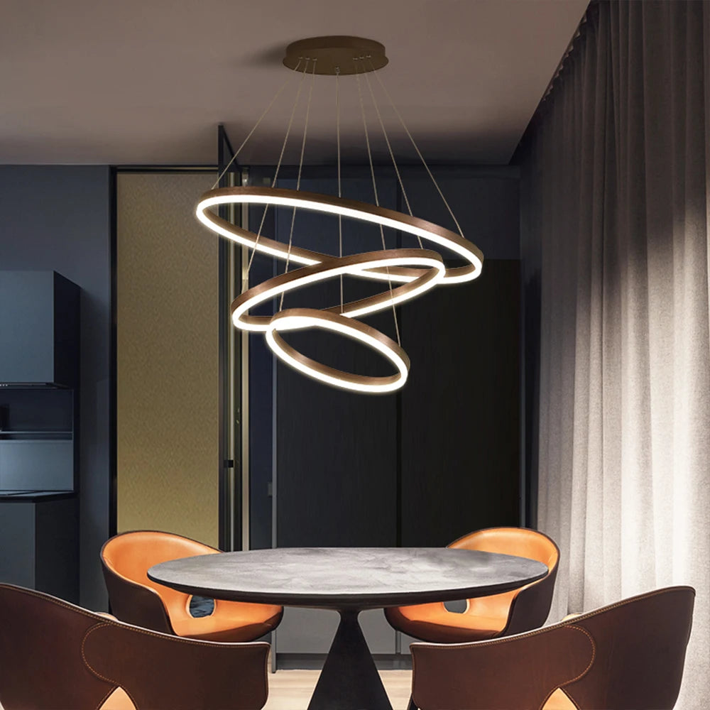 Modern LED pendant lights suitable for bedrooms, living rooms, and dining rooms. Circular ceiling chandelier, home lighting.