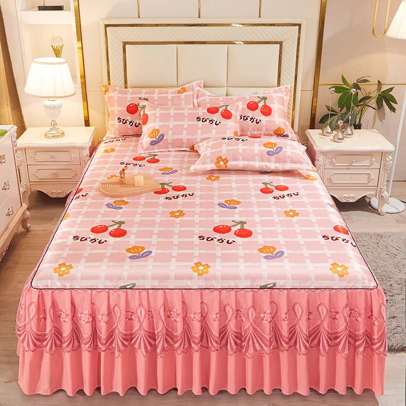 3pcs Set Luxury Classic Floral Bed Skirt with Pillowcase, Ice Silk Flower Print Bedding Set for Dorm, Bedroom, Guest Room Decor