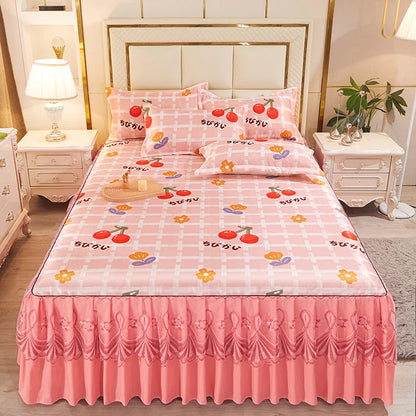 3pcs Set Luxury Classic Floral Bed Skirt with Pillowcase, Ice Silk Flower Print Bedding Set for Dorm, Bedroom, Guest Room Decor