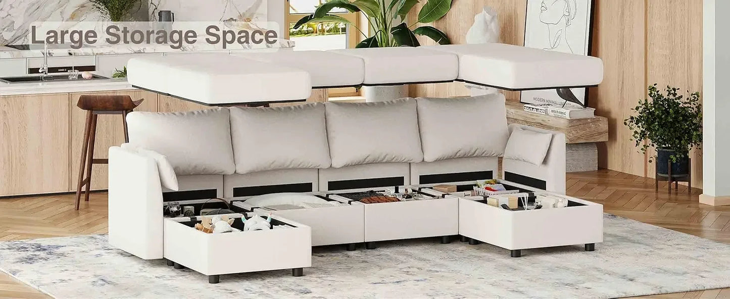 Sectional Sofa with Storage, Convertible 6 Seat Sectional Couches for Living Room, U Shaped Sectional Sofa with Chaise, Comfy Se