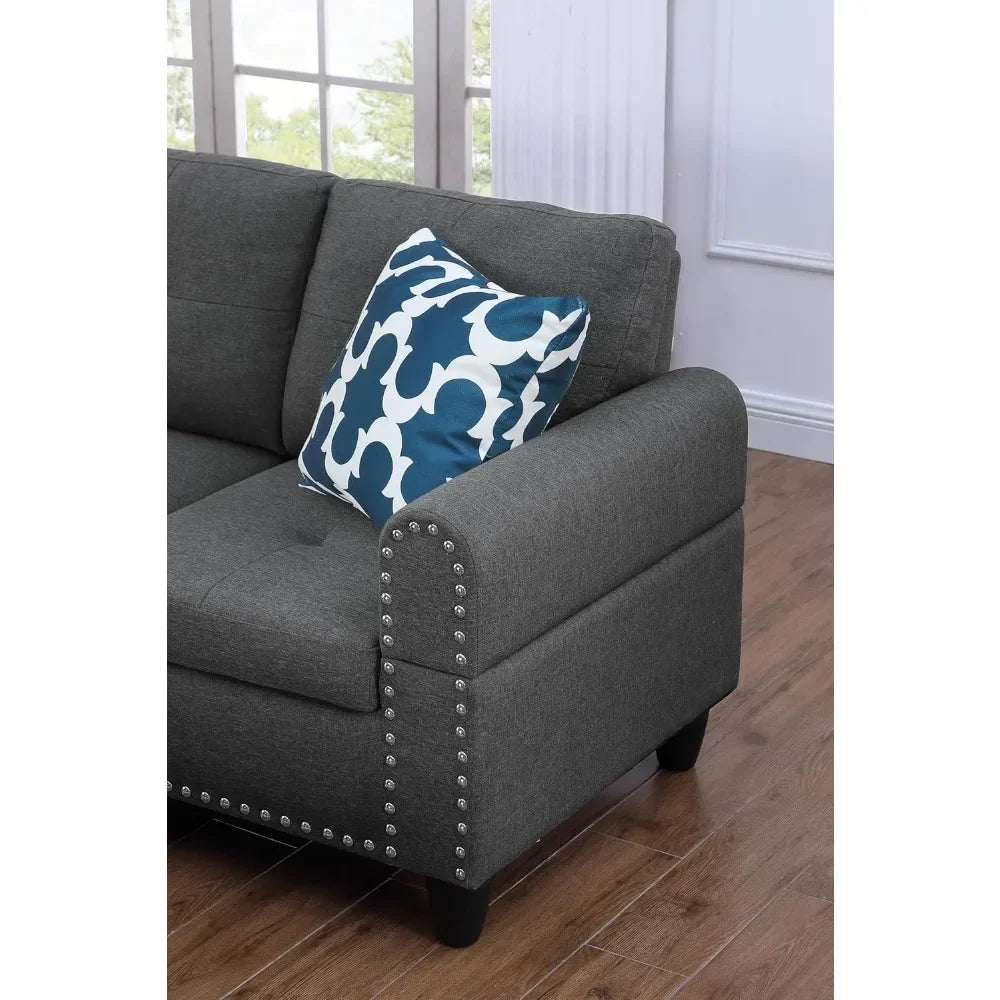 Convertible Sectional L Shaped Sofas with Storage, Chaise and Cup Holder, 4 Seat Modern Linen Fabric Sofá, Living Room Sofas