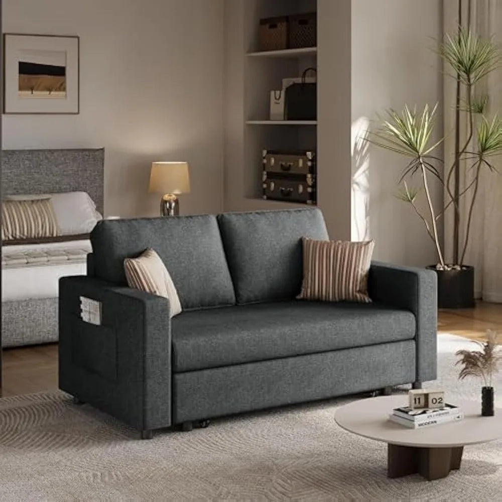 55.5 in Convertible Sofa Bed，Trundle Loveseat W/Pull-Out Trundle Bed Sleeper Sofa，for Living Room Bedroom，Convertible Couch