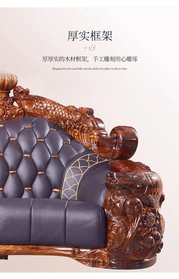 Ebony sofa leather combination, living room villa luxury solid wood furniture