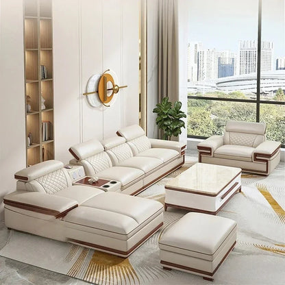 MINGDIBAO Premium Italian Genuine Leather Sofa Set for Living Room with Adjustable Headrests, Bluetooth Speaker, Wireless Charge