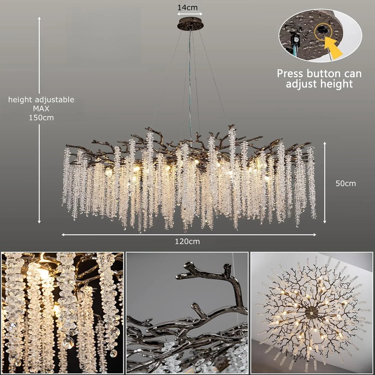 Modern Black Luxury Round Tree Branches Chandelier Lighting for Dining Room Bedroom Table K9 Large Luxury Chandeliers for Loyer
