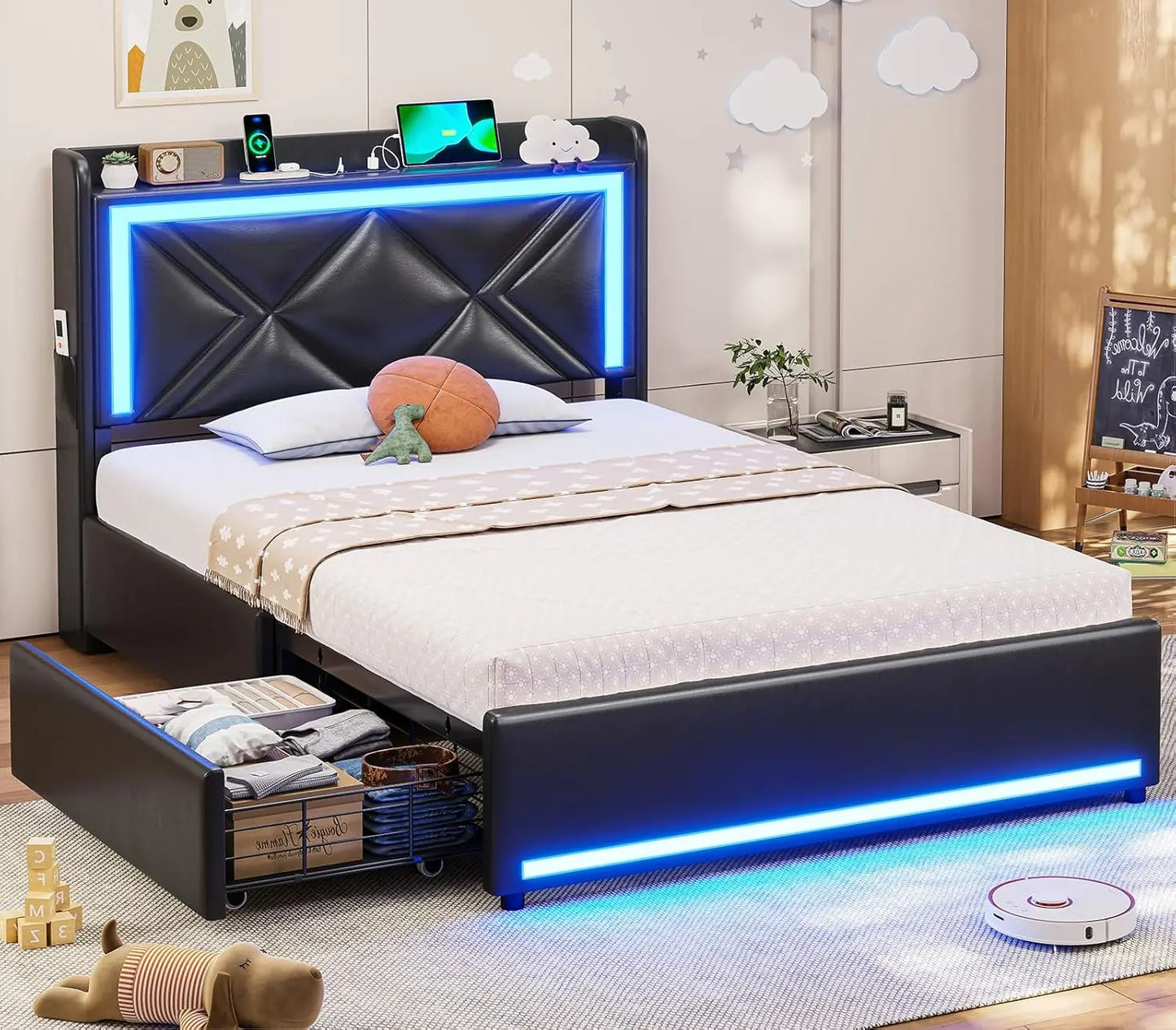 Bed Frame with Storage Headboard & 4 Drawers, Upholstered LED Bed Frame with Charging Station, Pu Leather Platform