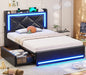 Bed Frame with Storage Headboard & 4 Drawers, Upholstered LED Bed Frame with Charging Station, Pu Leather Platform