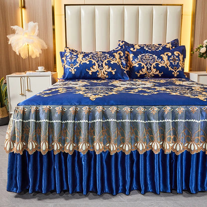 3pcs Set Luxury Classic Floral Bed Skirt with Pillowcase, Ice Silk Flower Print Bedding Set for Dorm, Bedroom, Guest Room Decor