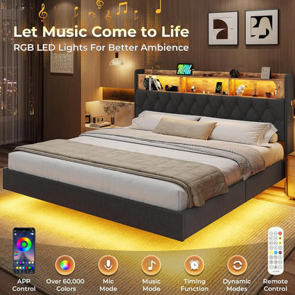 Floating Bed Frame, Floating Platform Bed with Charging Station with LED Lights & Storage Headboard, Modern LED Floating Bed