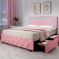 Queen Size Bed Frame with LED Lights, Upholstered Bed Frame with 4 Storage Drawers, with Diamond Headboard and Footboard